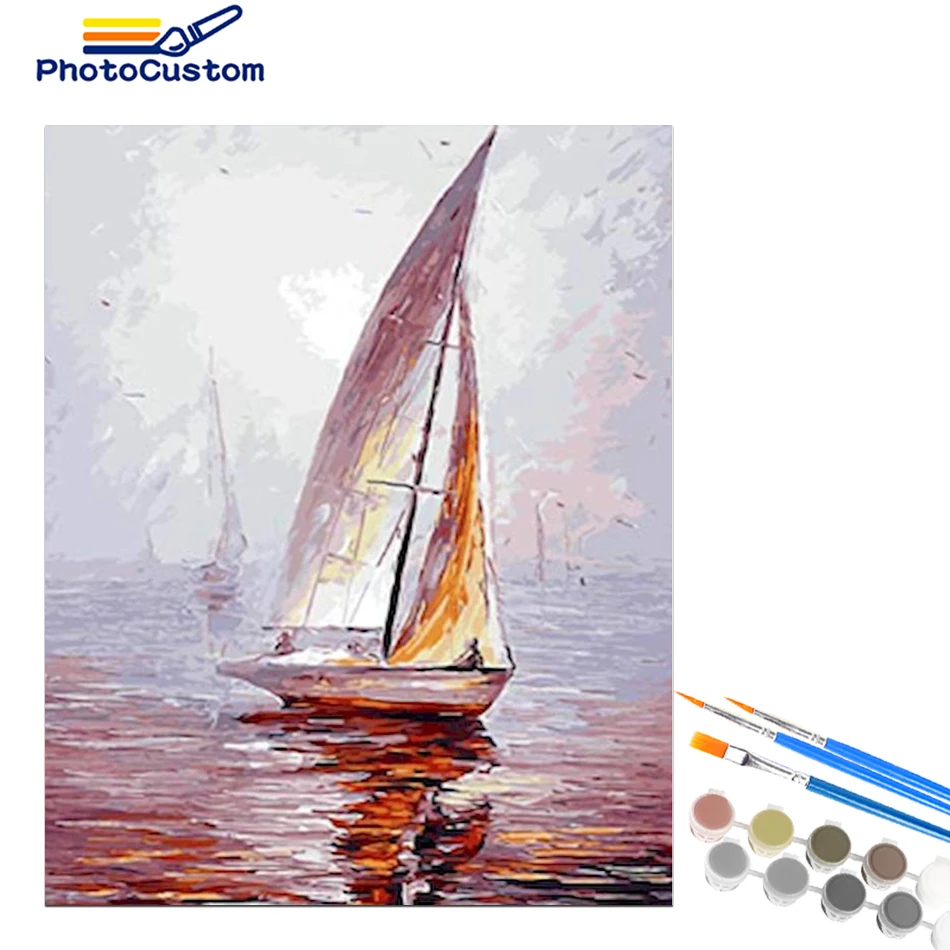 

PhotoCustom 60x75cm Acrylic Paint By Number Abstract Sailboat Oil Painting By Number On Canvas Diy Set Landscape Home Decor