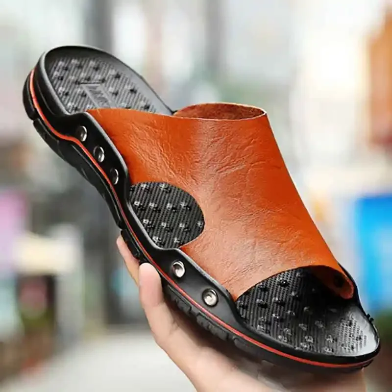 Men's Genuine Leather Summer Sandals - Soft, Comfortable Outdoor Slides