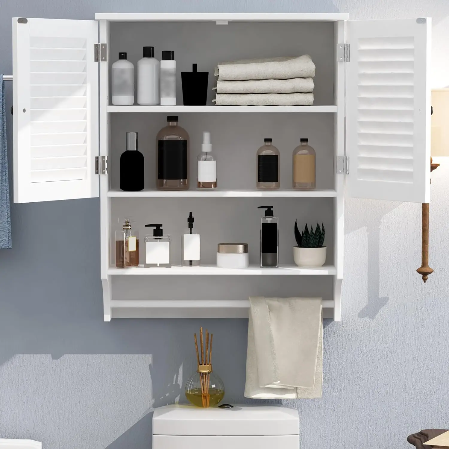 Medicine Cabinet with Towel Bar. 23.6"L x 8.9"W x 29.3"H. MDF Material. Over-Toilet Storage. White.