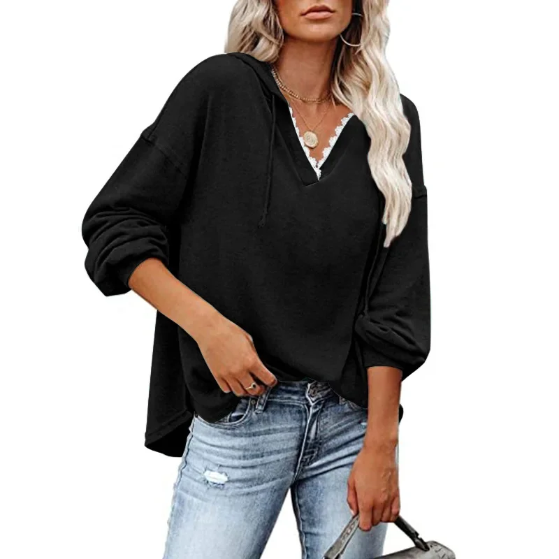 

Hoodies Women's Top Spring Solid Lace V-neck Loose Hoodie Christmas Sweatshirt Vintage Sweatshirt Harajuku Hoodie Sudaderas