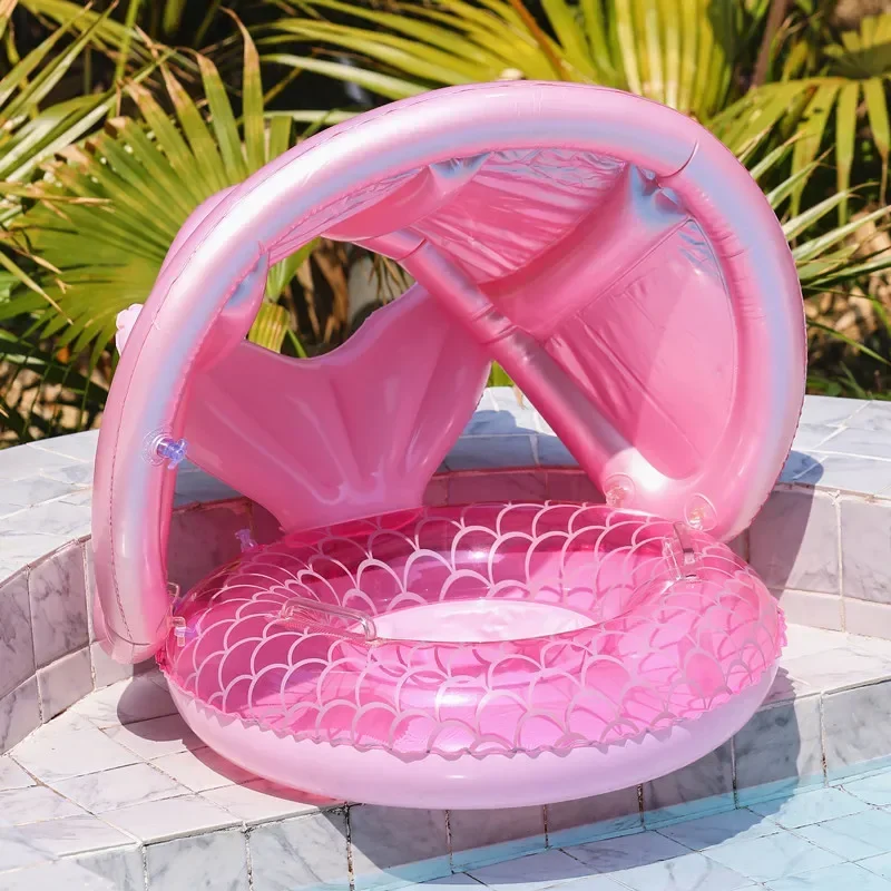 Baby Swimming Circle with Mermaid Tail Outdoor Sunshade with Canopy Inflatable Float Ring Summer Pool Water Toys Equipment swimming ring swimming pool float inflatable water pad