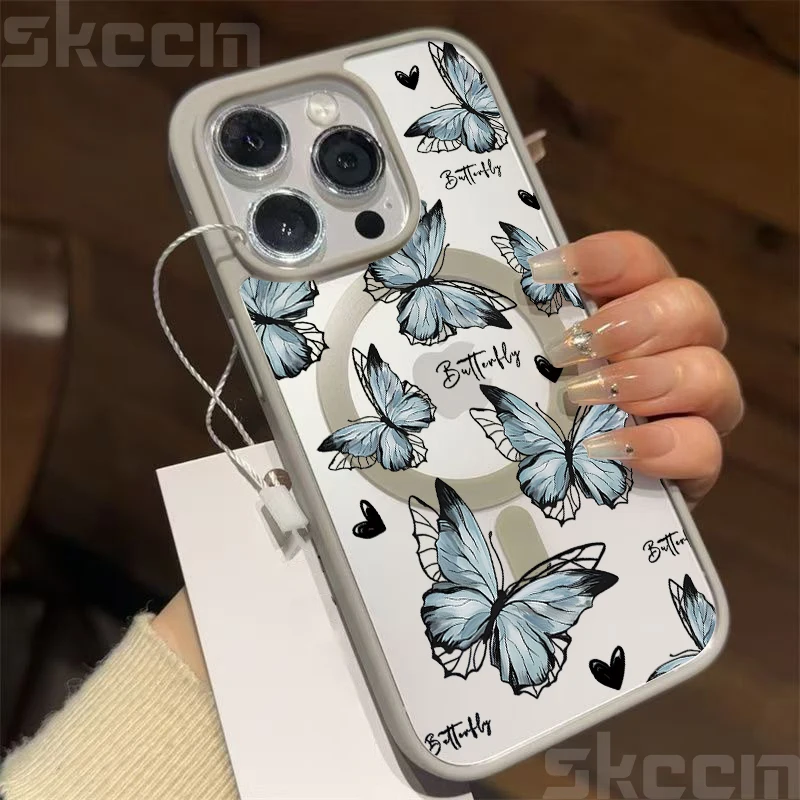 Butterfly Magnetic Transparent Phone Case with Matte Wireless Charging Cover