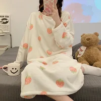 Winter Warm Pajamas Coral Fleece Long Sleeve Dresses Midi Length Cartoon Student Flannel Home Nightdress Striped Thickened Pajam - Image 3