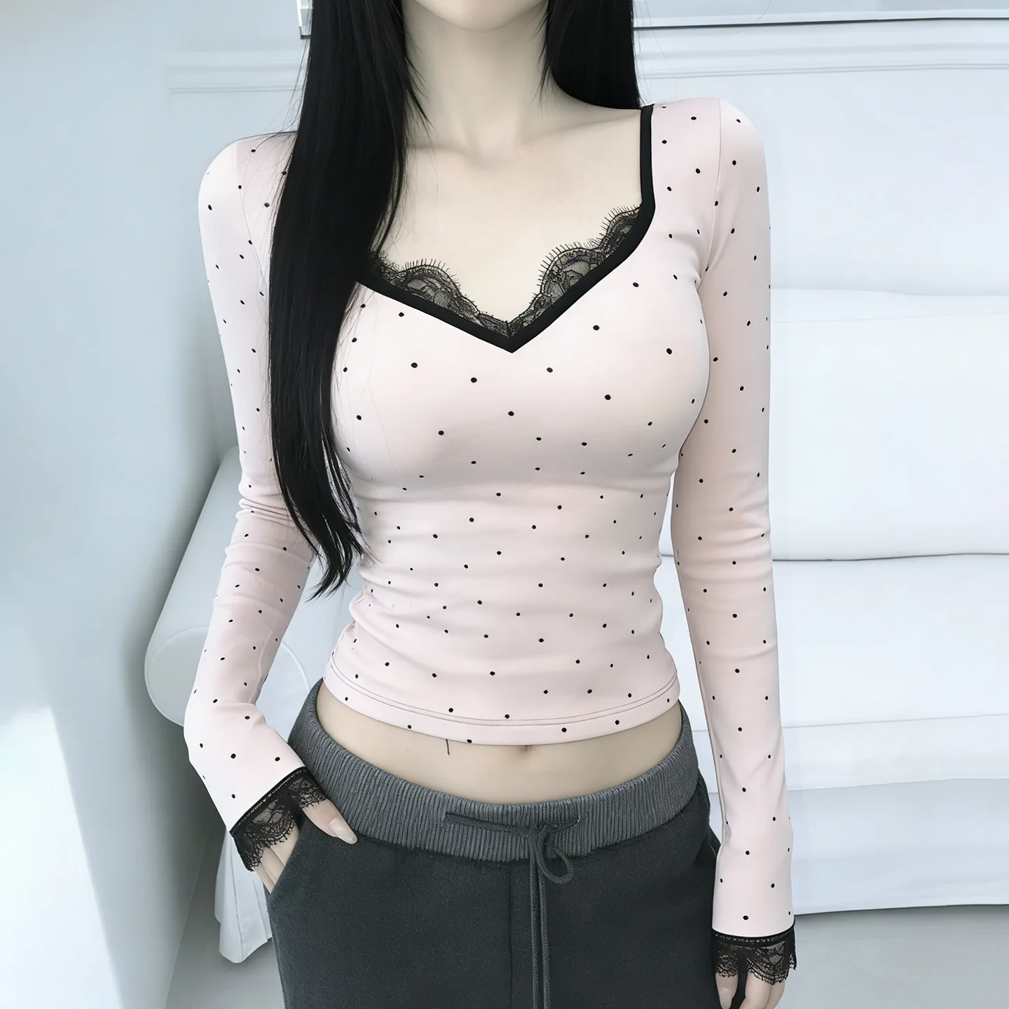 SUCHCUTE Sweet Polka Dot V-Neck Lace Patchwork Top Women Spring Long-sleeve Tees Korean Casual Tops All match coquette outfits 1