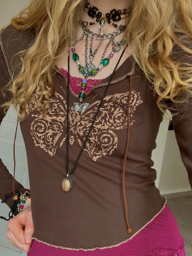 

Sexy Women Pullovers V-neck Slim Fit Vintage T Shirts Mesh Butterfly Print Women's Long Sleeve Top 2023 New Fashion Female Tees