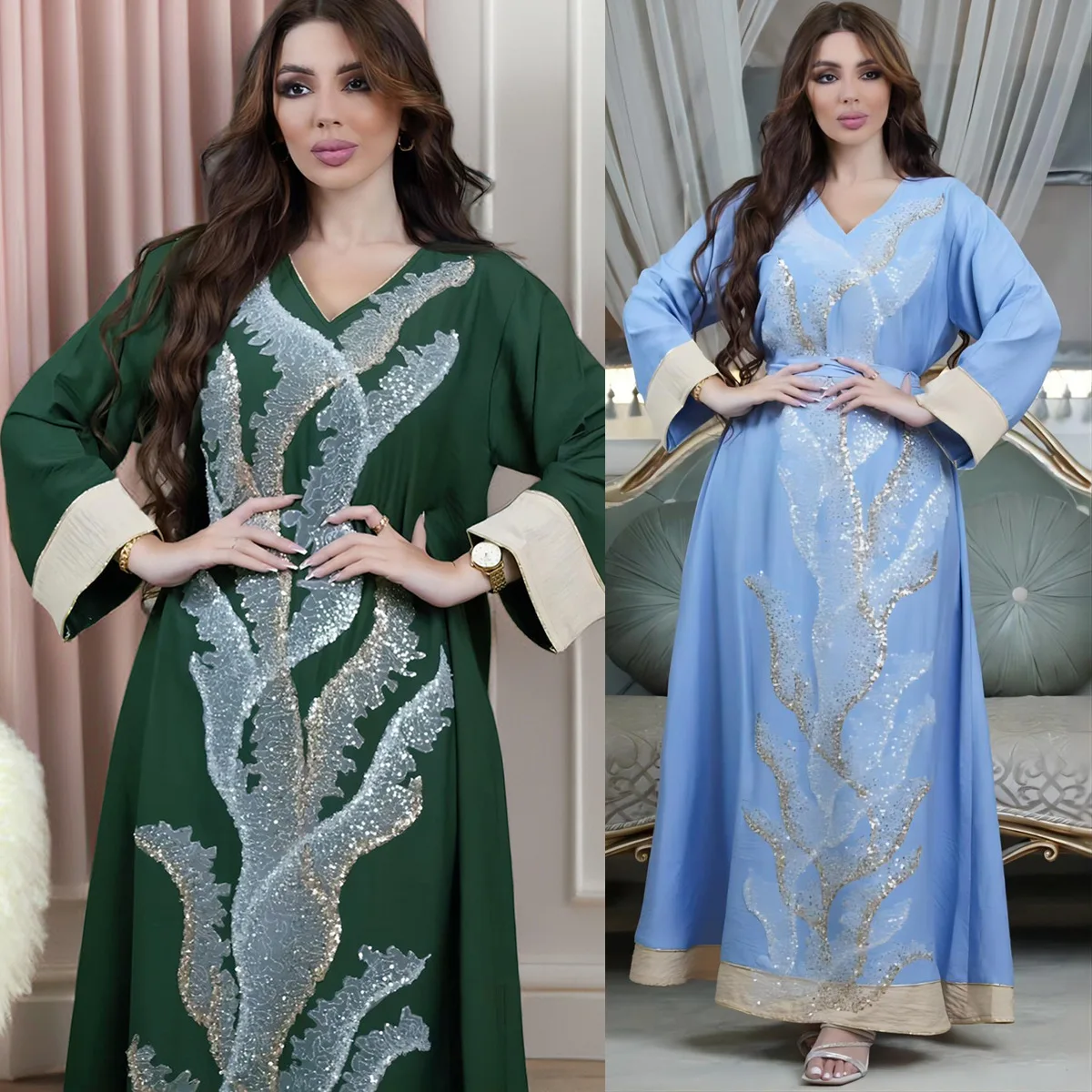 

Eid al-Arab Arab Dubai Embroidered Mesh Sequins Splicing Evning Dress Elegant Women Long Sleeves Muslim Middle East Robe Abaya