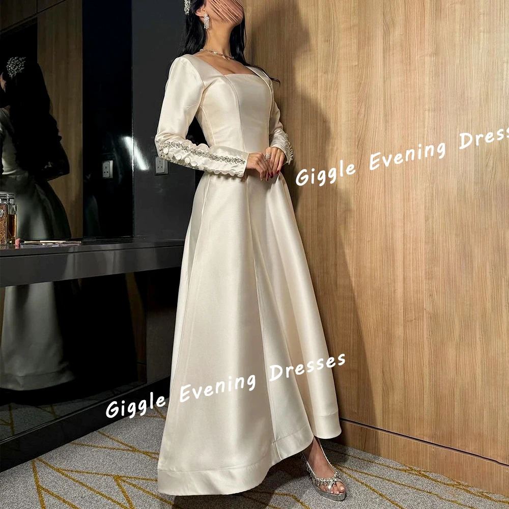 

Giggle Satin Beading Button Square Collar Prom Gown Saudi Arab Elegance A-line Ankle-Length Evening Party Dresses for Women 2024