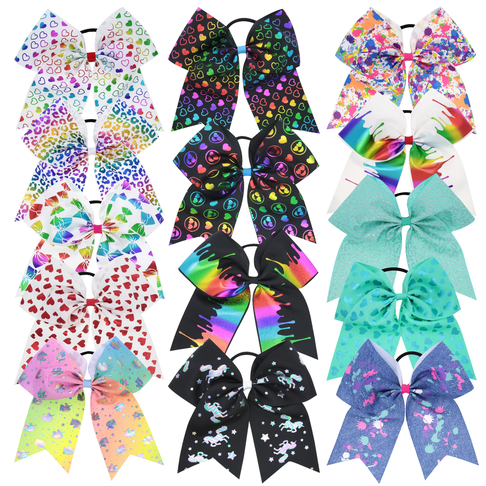 1Pcs 6 Pcs Elastic Bow 8"Hair bows Boutique Rainbow  Grosgrain Ribbon Pigtail Holder For School Girls Teens Cheerleader