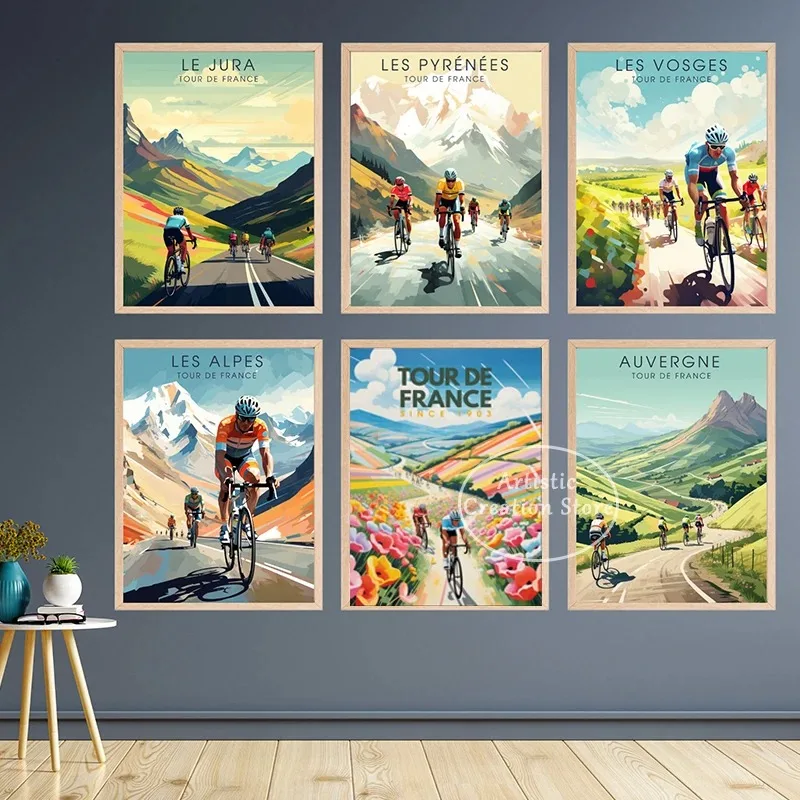 자전거 및 자전거 타는 사람 투르 드 프랑스 포스터 Alpe D' Huez 서킷 풍경 인쇄 캔버스 회화 벽 그림 거실 홈 장식