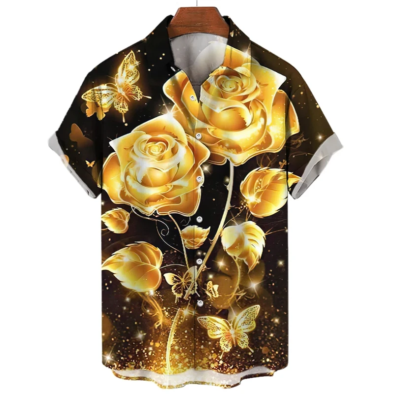 

Golden Rose 3D Printed Shirts For Men Clothes Fashion Luxury Blouses Hawaiian Streetwear Short Sleeve Mens Gift Lapel Blouse Top