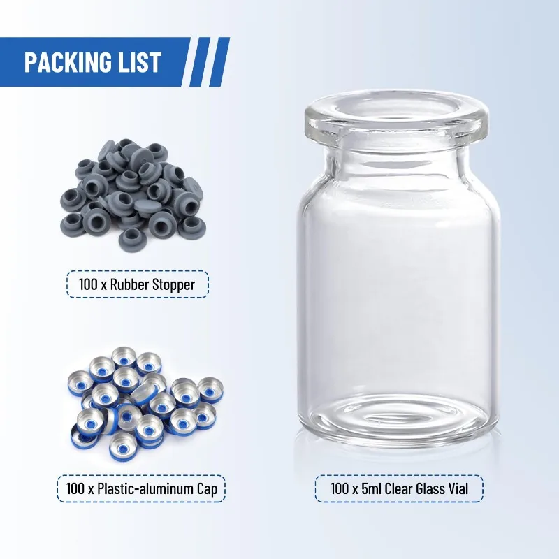 100 Pack 5ml Glass Vials, Caliber 13mm Clear Glass Headspace Vials with Plastic-Aluminum Flip Off Caps and Rubber Stoppers