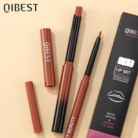 QIBEST 2pcs Matte Lipstick Lipliner Pen Makeup Set Nude Lip Liner Pencil Long Lasting Lipstick Pen Contour Waterproof Lip Stain