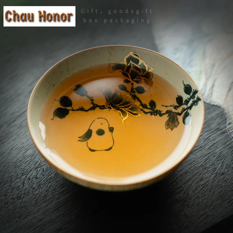 100ml Boutique Blue And White Flint Red Teacup Handmade Gold Drawing Cute Rabbit Master Cup Large Puer Tea Bowl Meditation Cup