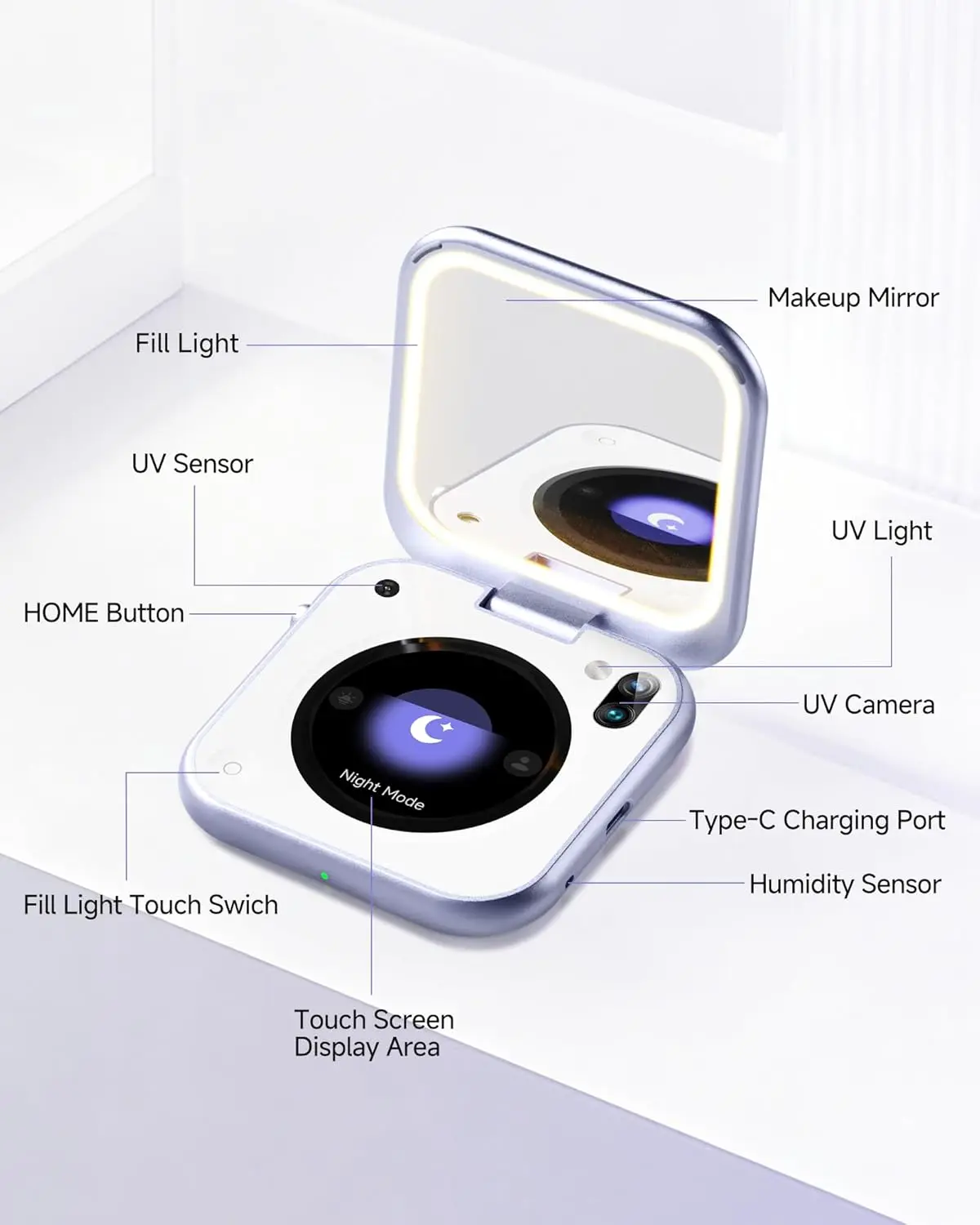 Smart UV Camera Mirror with Humidity Sensor, Portable Travel Makeup Mirror for Sunscreen Check, 3 Inch LED Lighted Compact