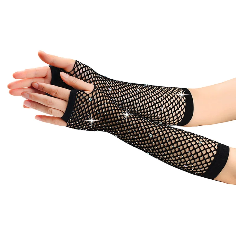 

Women Shining Rhinestone Fingerless Fishnet Gloves For Women Girls Fish Net Arm Sleeve 80s Party Costume Accessories Halloween