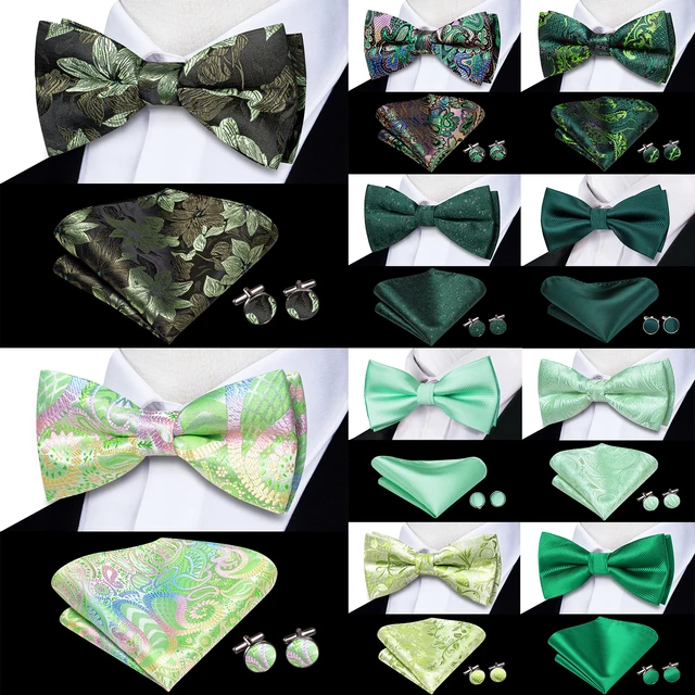 Sage Mint Grass Teal Green Silk Mens Bow Tie Hankerchief Cufflinks Set Pre-tied Butterfly Knot Bowtie for Male Wedding Business 1