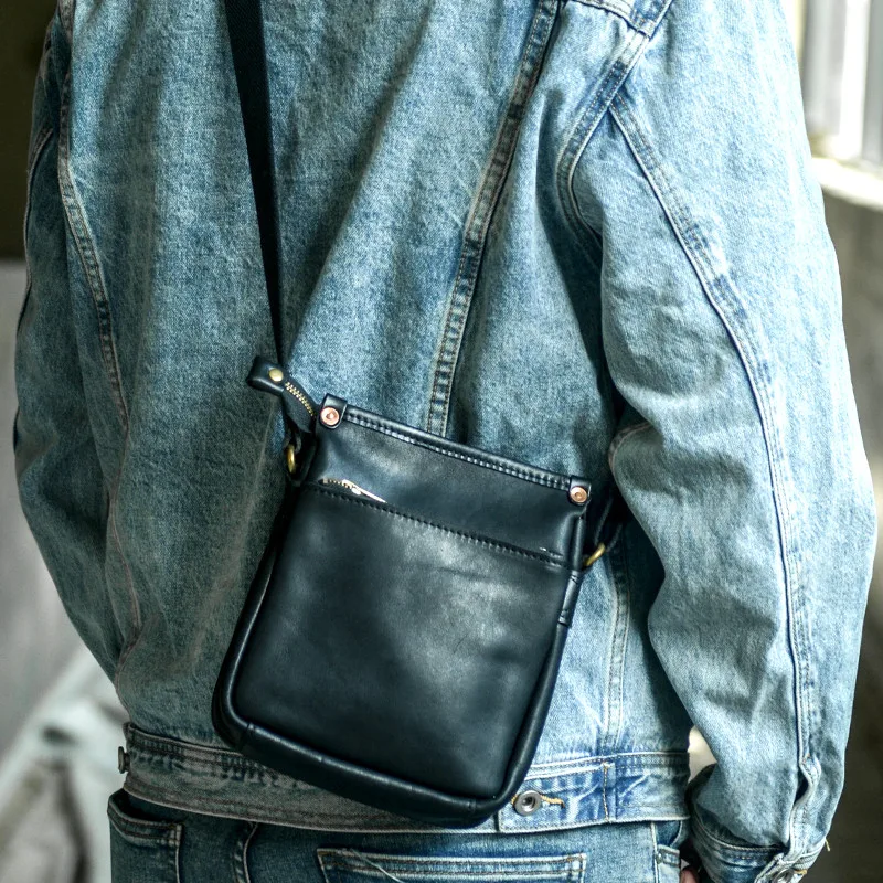 Vintage fashion luxury natural genuine leather men's small messenger bag casual daily outdoor real cowhide phone shoulder bag