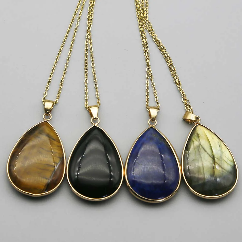 New Natural Stone Crystal Agate Water Drop Necklace Pendant Gold Edged Sweater Chain Fashion Charm Jewelry Gift Accessories 4Pcs