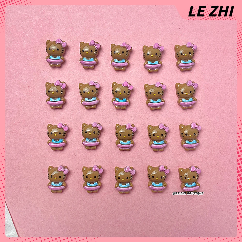 20Pcs 하와이 3D 헬로 키티 네일 아트 수지 액세서리 여름 해변 검은 피부 KT 전화 케이스 스티커 매니큐어 데칼 장식