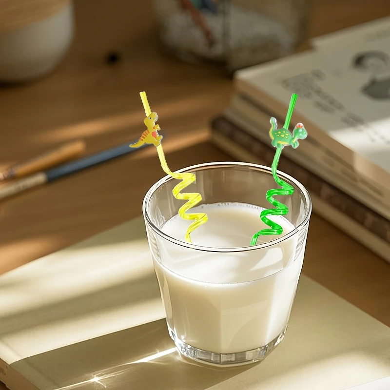 8 PCS Dinosaur Gift Pack Straw Accessories Cartoon Patch Art Design Birthday Party Cute Spiral Creative Straw Party Small Gifts