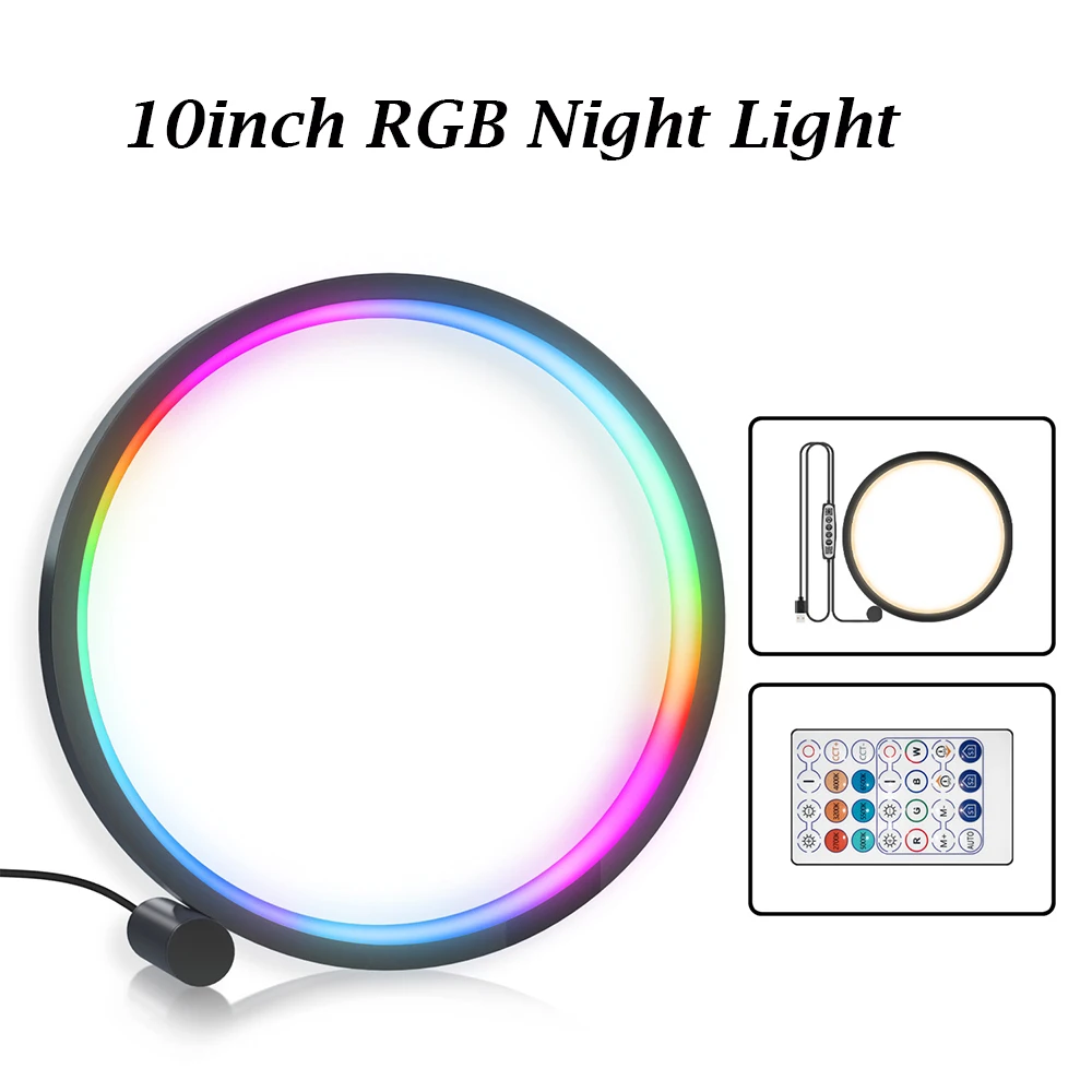 childrens night lights FTOYIN RGB Night Light USB Charge Ring Led Desk Lamp APP Control Music Rhythm Atmosphere Light Bedroom Home Decor Pickup Light night lamp for bedroom Night Lights