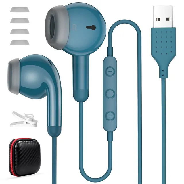 USB A Headset for PC Desktop Wired USB Headphones with Microphone Mute Control Computer In-Ear Stereo Noise Cancelling Earphones