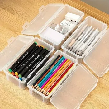 Grands boîtes de rangement en plastique transparent avec couvercles articulés, idéales pour les ornements de bijoux, fournitures pour la maison et l'organisation du bureau, 4 pièces 1
