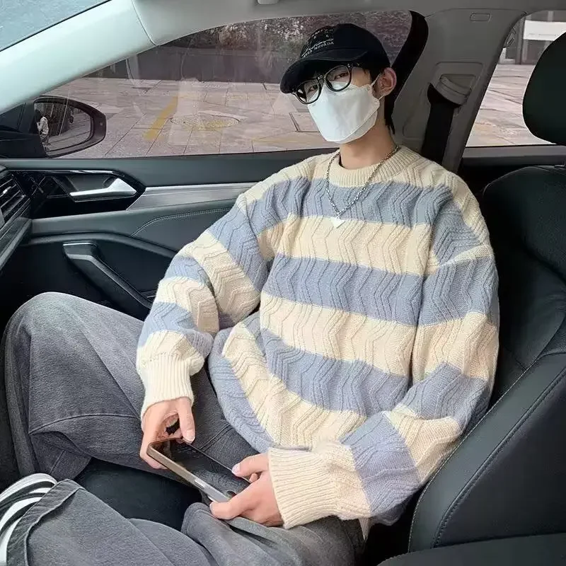 Korean sweater men's striped loose round neck thick sweater autumn and winter casual lazy style warm sweater outer wear trendy