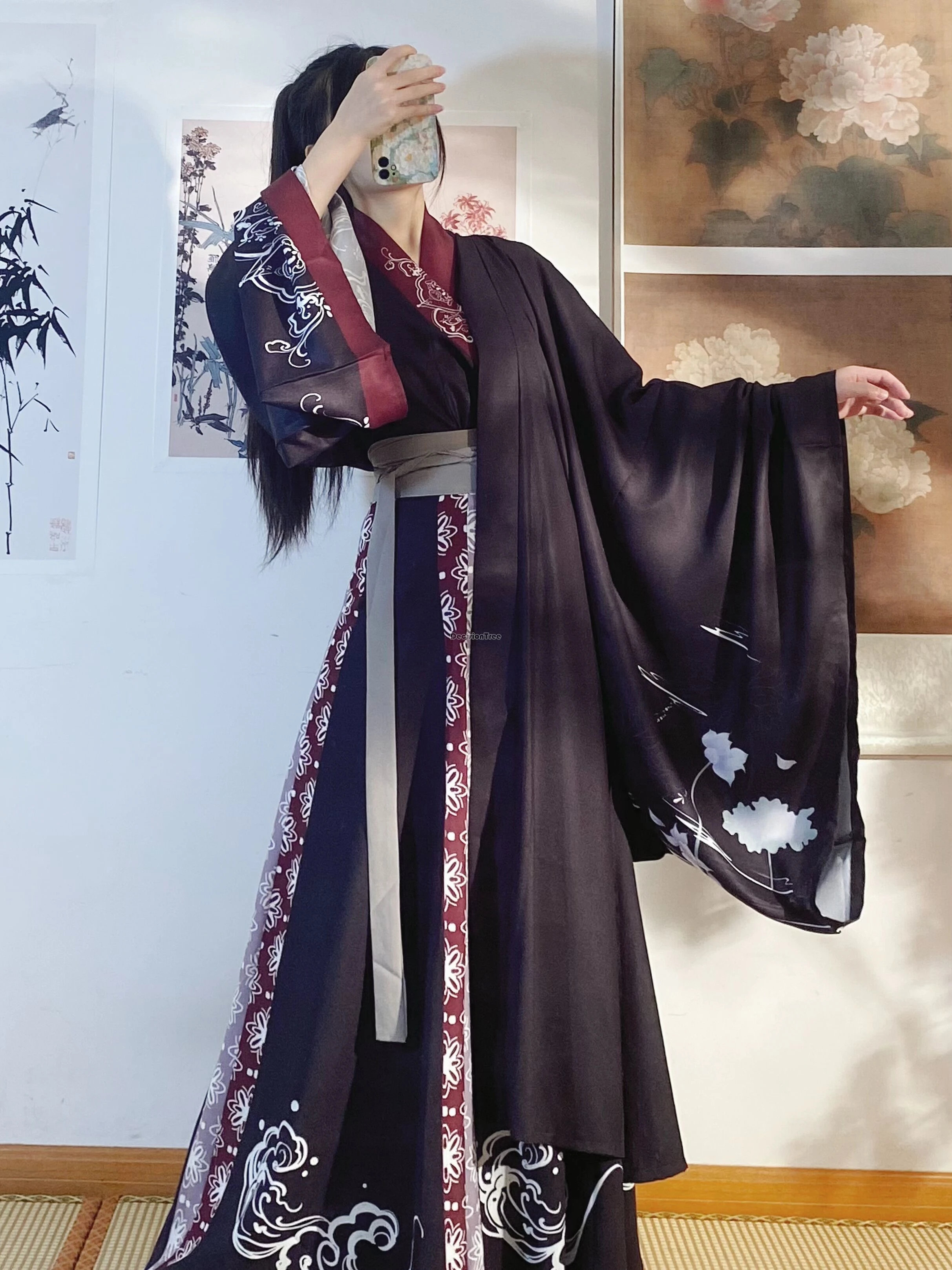 

2024 chinese improved ancient weijin dynasty hanfu black men and women style wei jin style cross collar retro loose hanfu t001