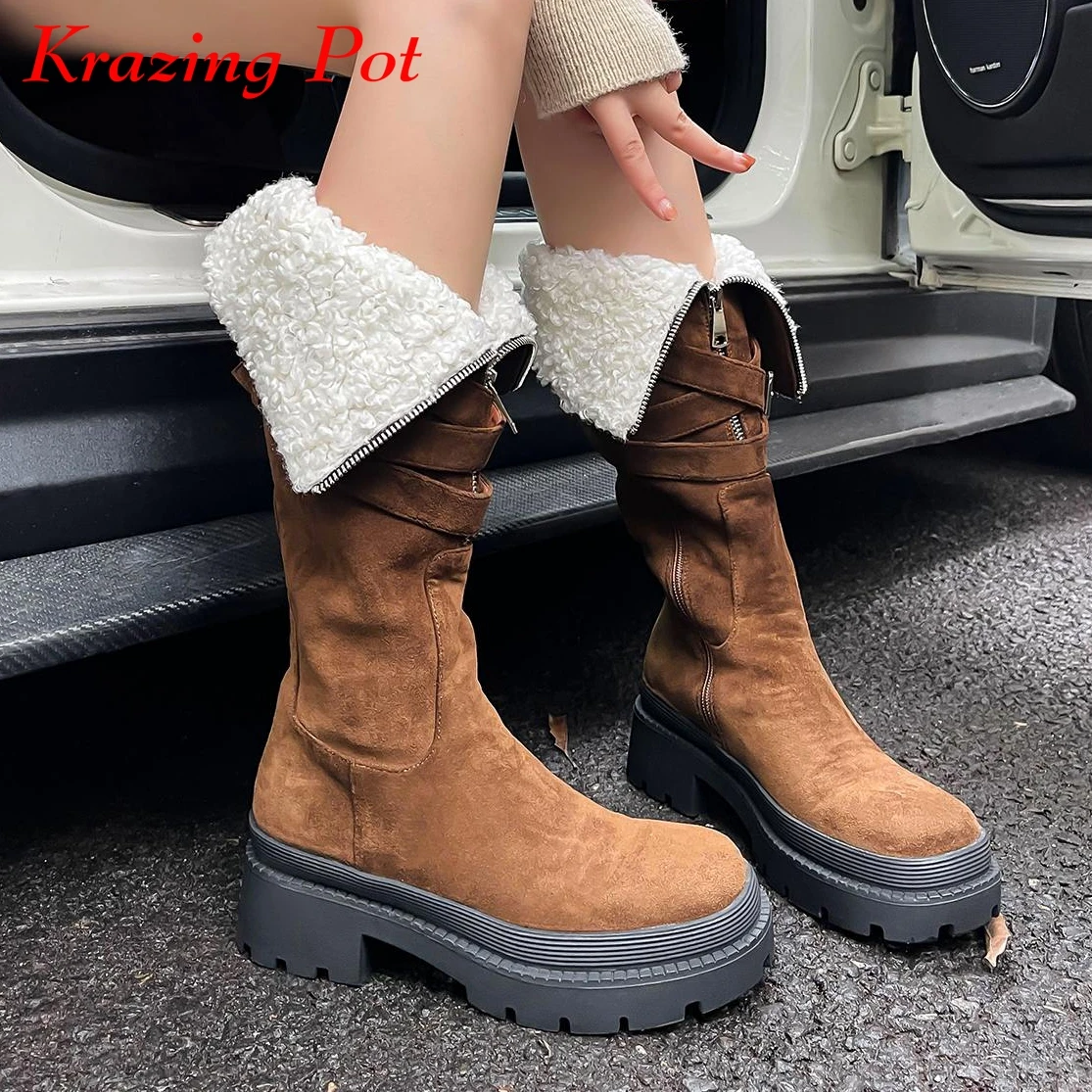 

Krazing Pot Flock Wool Fur Round Toe Thick Bottom Med Heels Western Snow Boots Winter Street Fashion Keep Warm Thigh High Boots