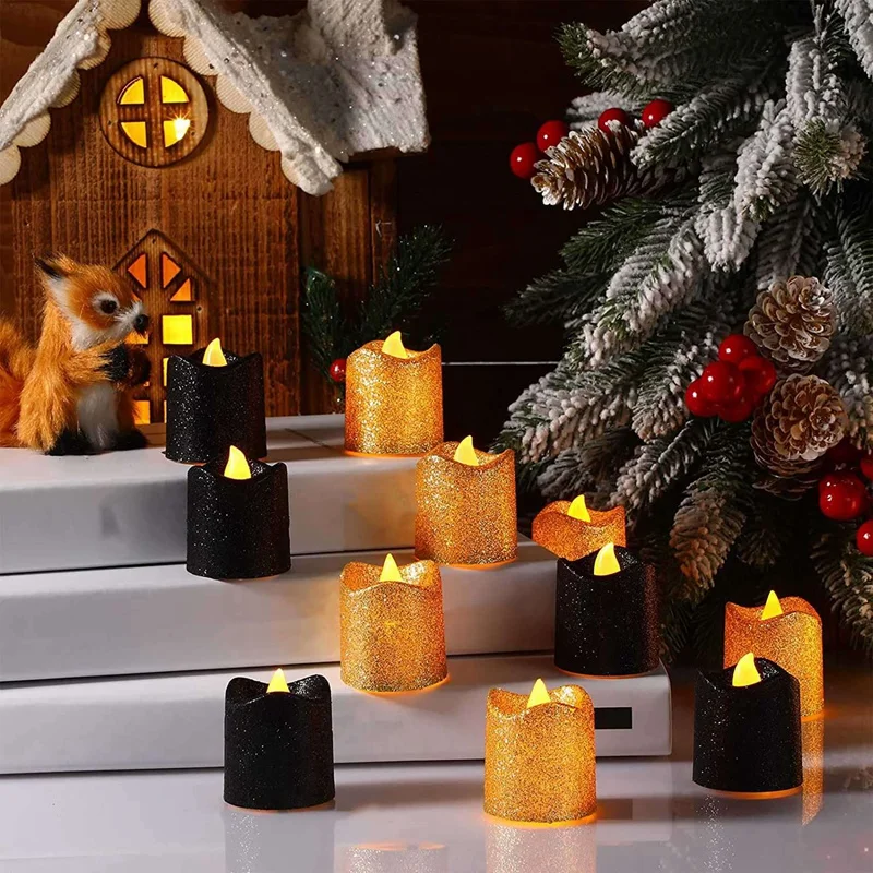 AIter 24 Pièces Bougies Chauffe-Plat LED à Paillettes Dorées Bougies sans  Flamme Noires Bougies Chauffe-Plat Votives à Piles avec Lumière Jaune  Chaude pour Noël Mariage Centre Table Anniversaire