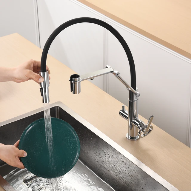 ก๊อกน้ำครัวโครเมียมทองเหลืองทันสมัย พร้อมหัวฉีดแบบดึงลง 3-in-1 ฟังก์ชั่นน้ำบริสุทธิ์ แบบรูเดียว 2 หัวก๊อก น้ำร้อนน้ำเย็น 2