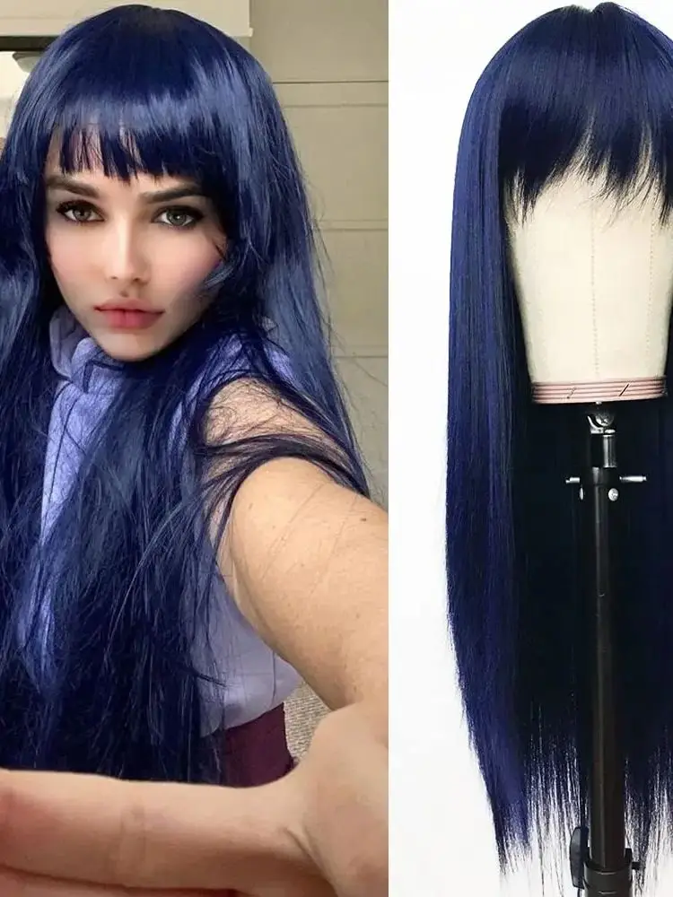 Dark Blue Synthetic Hair Wigs Bangs Navy Long Straight Women's Wigs Heat Resistant Synthetic No Lace Wigs for Fashion Wigs