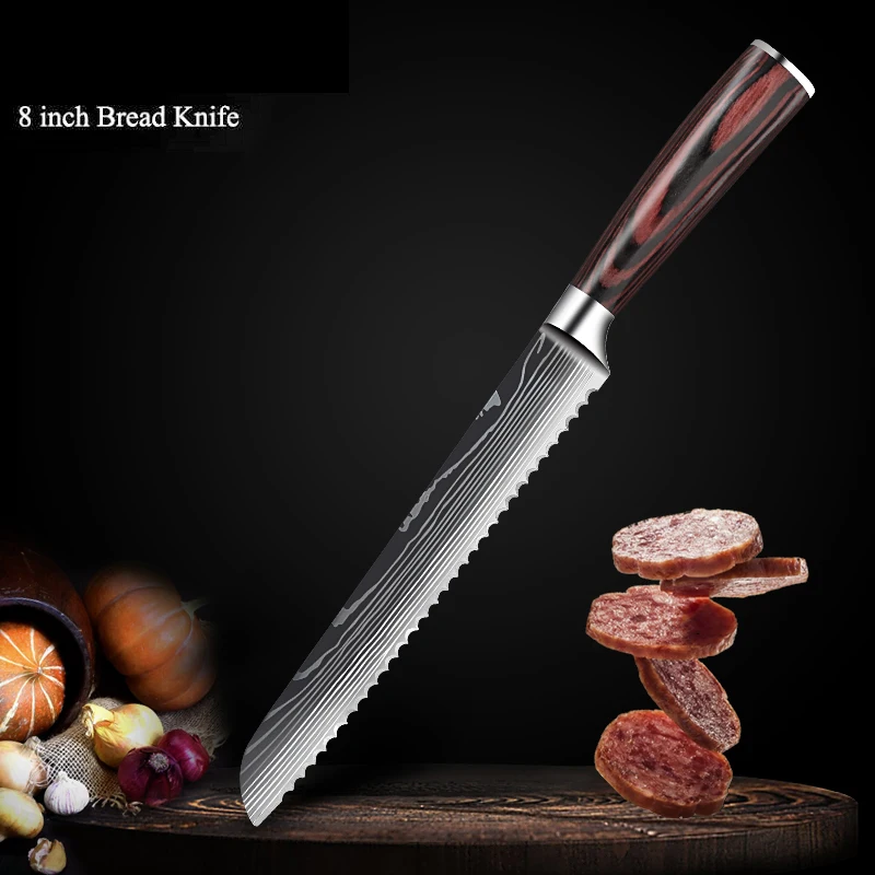 Chef Knife Set 7CR17MOV Stainless Steel Laser Damascus Pattern Japanese Kitchen Cleaver Utility Slicing Santoku Knife with Cover 