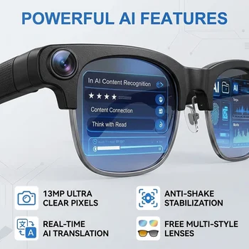 Occhiali Smart AI con Fotocamera 4K HD da 1300W Pixel, Registrazione Foto e Video, Chiamate Bluetooth, Assistente Vocale e Traduzione AI