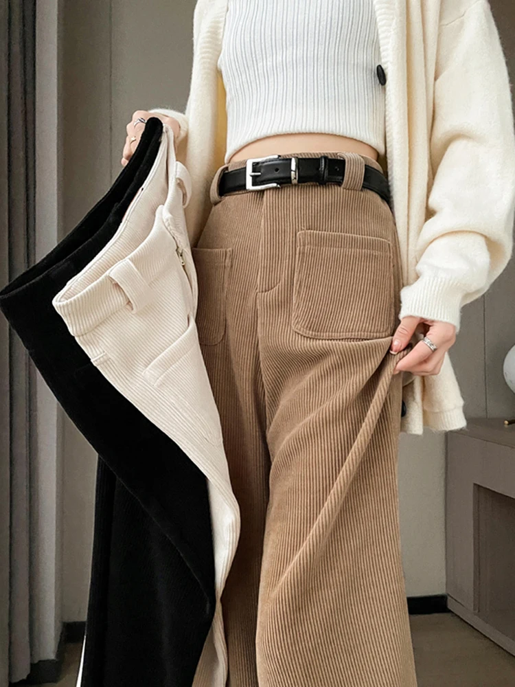 QOERLIN Standard & Fleece High Waist Wide Leg Straight Pants Women 2024 New Fall Winter Warm Trousers with Belt Pocket Pants