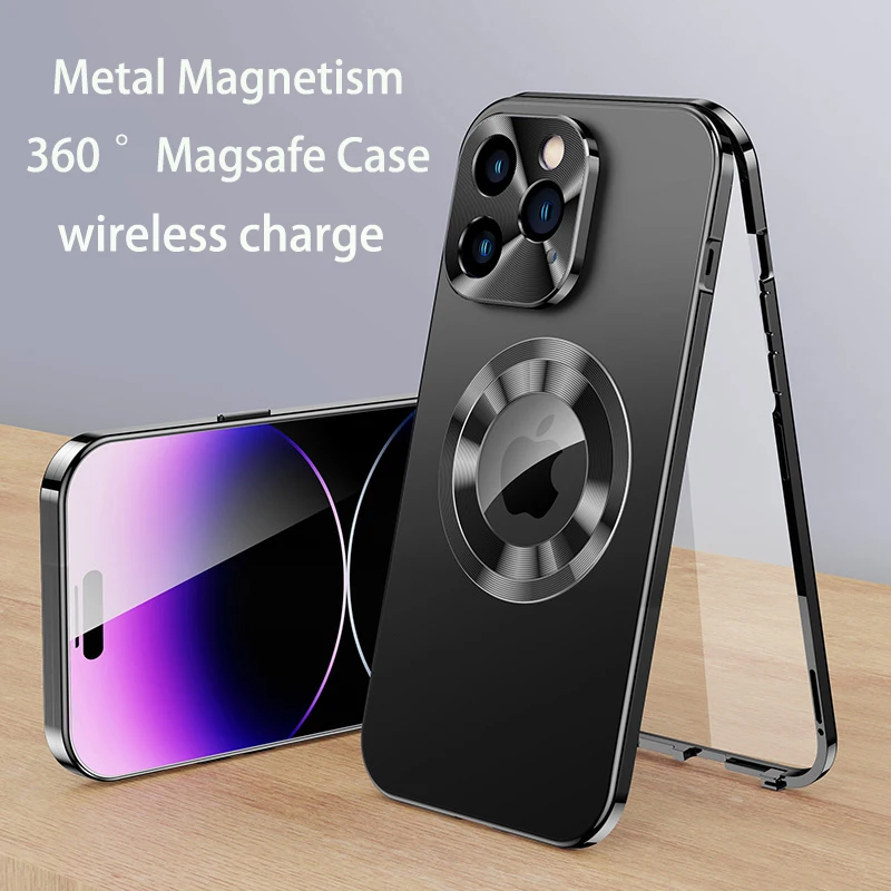 For iPhone 15 14 13 12 Pro Max Case 360° Fully sealed Case Magnetic Adsorption Metal alloy Glass Double sided protection cover
