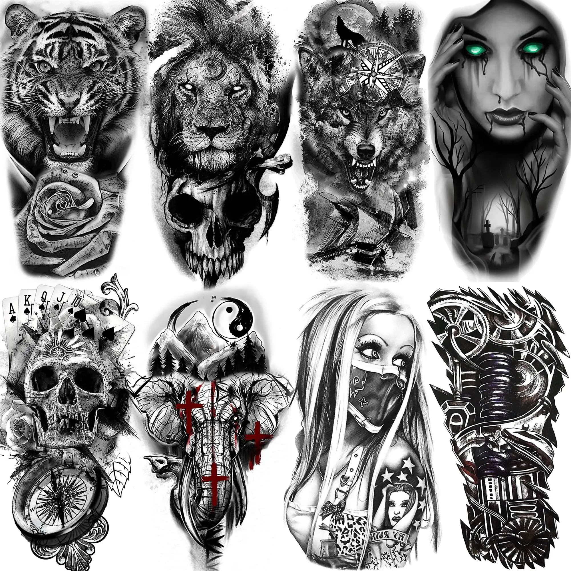 

8 Sheets Gangster Tribal Lion Temporary Tattoos For Women Men Waterproof FakeTattoos Paper Robot Arm Tiger Skull Tatoos Black