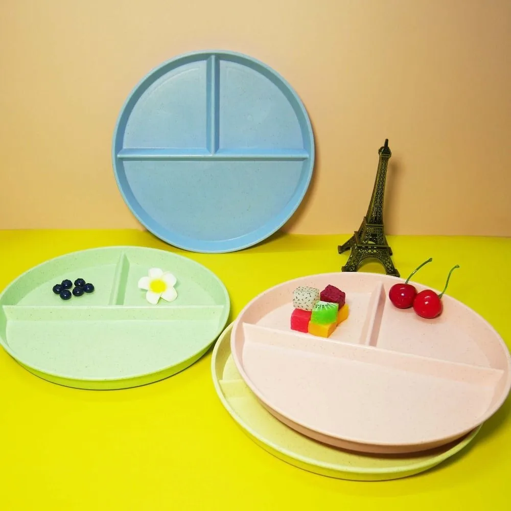 Kitchen Dinnerware Wheat Straw Round Divided Plate 3 Grids Anti-fall Food Tray Reusable Compartment Plate Breakfast