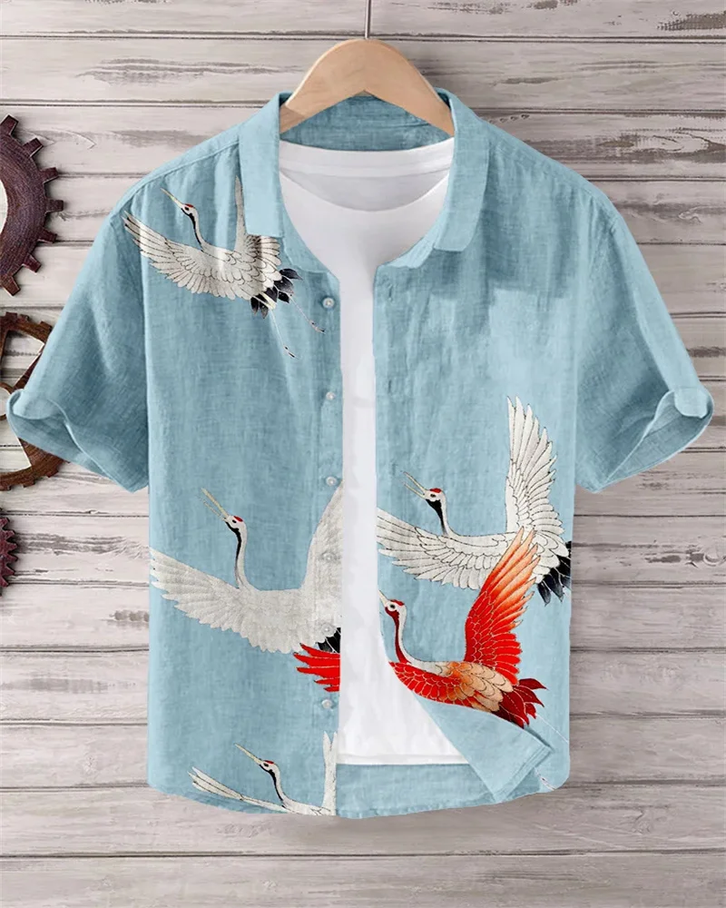 Men's Shirt Flower 3D Printed Lapel Short Sleeve Casual Loose Tops, Bamboo Linen Shirt, Fashion Clothing Tops XS-5XL