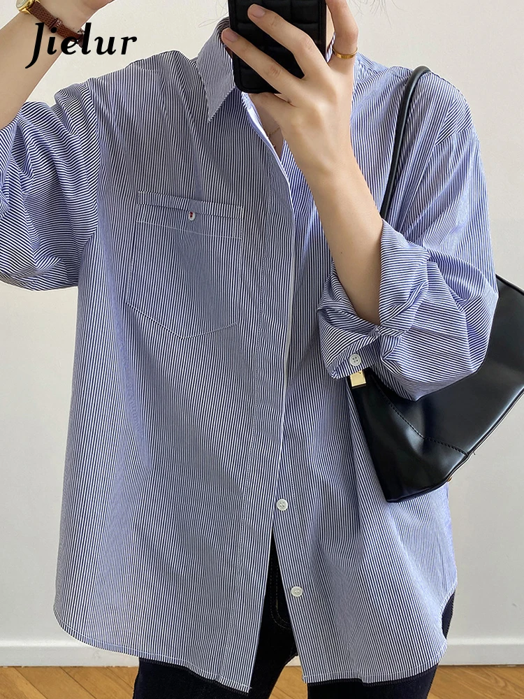 

Jielur Striped Slim Loose New Women's Shirt Turn-down Collar Single Breasted Summer Female Shirts Summer Casual Office Ladies