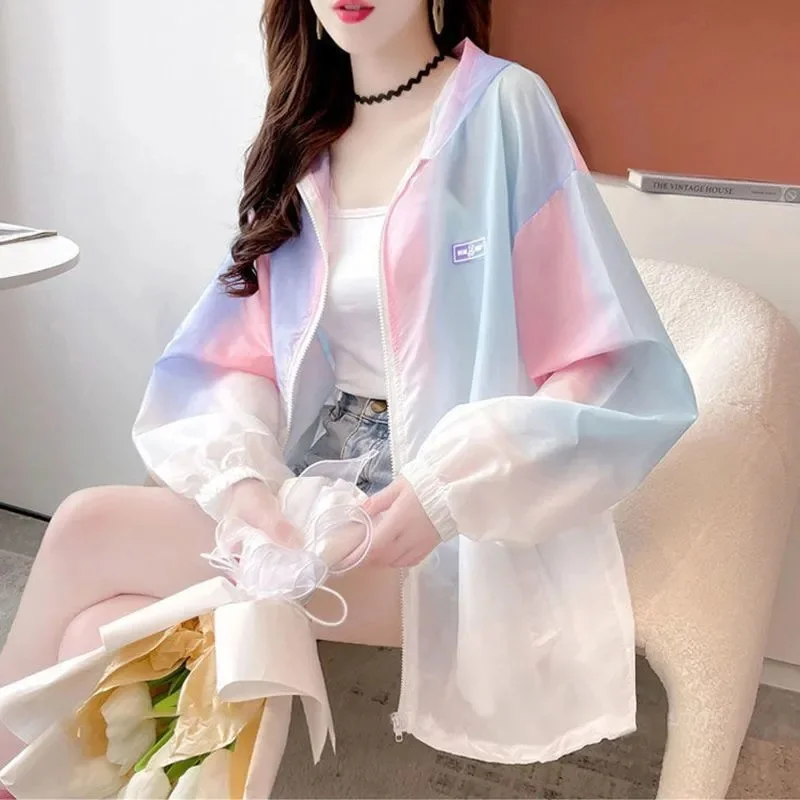 Loose Hooded Sunscreen Clothes Women's 2024 New Summer Wild Thin Coats Student Thin Zipper Jacket Colorful Tide Mermaid white384