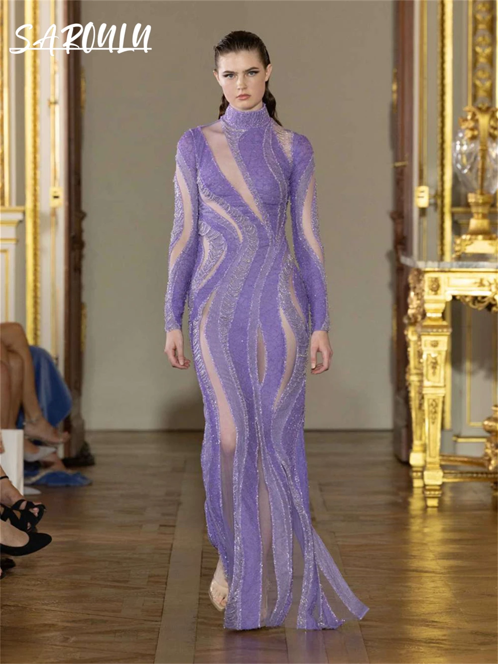 

Sexy Illusion Sequined Prom Dress Long Sleeve High Neck Evening Gown Pageant Mermaid Formal Occasion Dresses Vestidos De Gala