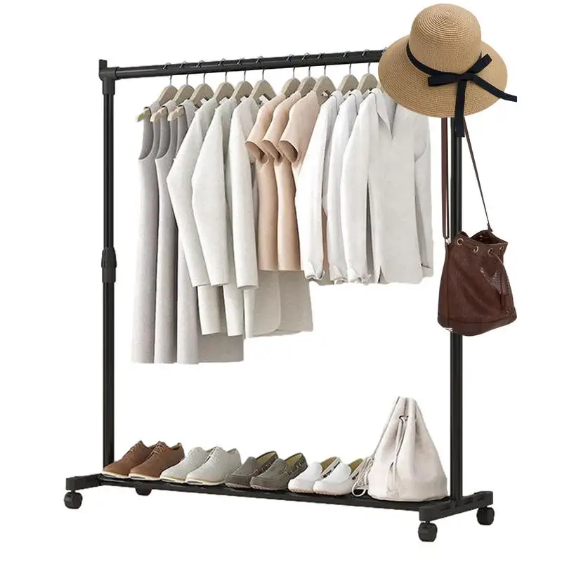 Telescopic Clothing Rack Heavy-Duty Metal Garment Rack On Wheels Adjustable Telescopic Clothes Drying Rack For Living Room