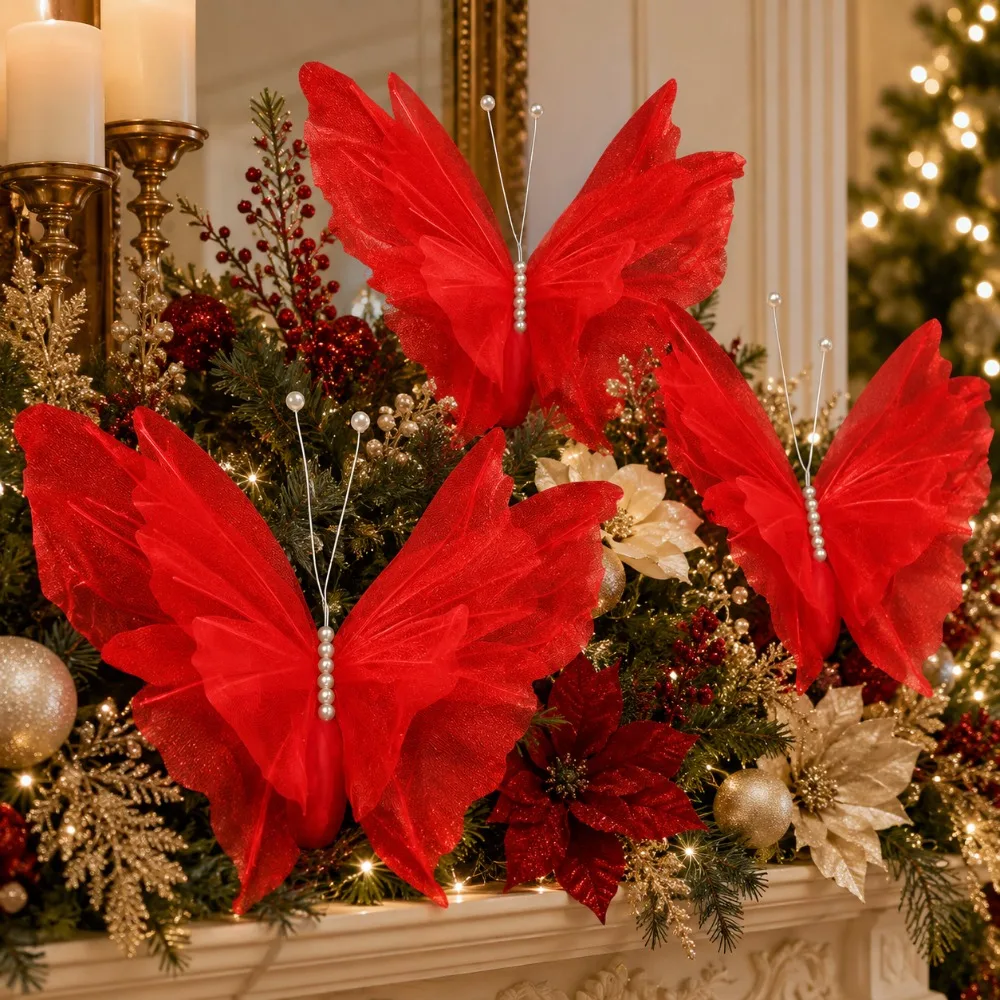 Set of 3 Large 3D Red Butterfly Christmas Decorations - Laser-Sprayed Silk Finish