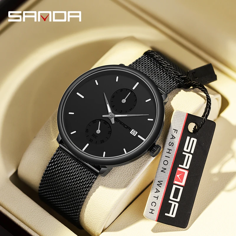 SANDA All Black Casual Fashion Mens Simple Watches Quartz Watch Chronograph Stopwatch Luminous Waterproof Clock Mesh Steel Strap