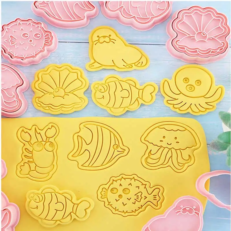 

8 Pcs/set Marine Animal Cookie Cutters Plastic 3D Cartoon Pressable Biscuit Mold Cookie Stamp Kitchen Baking Pastry Bakeware