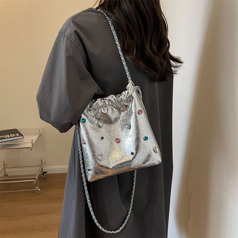 LEFTSIDE diamonds design silver leather crossbody bags for women luxury designer Korean fashion chain shoulder bag handbags leather handbag crossbody bags