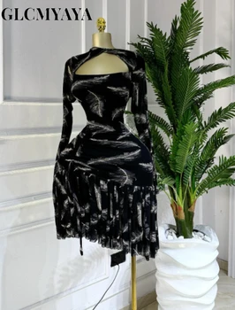 CM.YAYA Women Full Sleeve Print Stacked Ruffles Bodycon Mini Dress Fall Evening Birthday Vacation Party Vestidos Sexy Dresses 1
