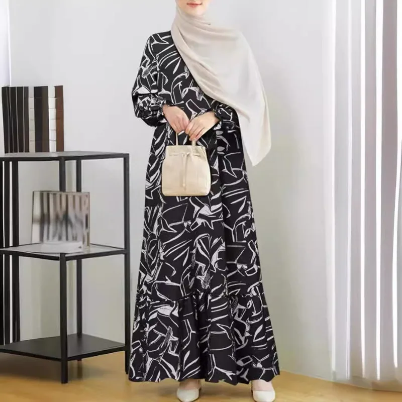 2024 Muslim Women Dress Middle East Fashion Robe Long Sleeve Geometric Print Flounce Abaya 1